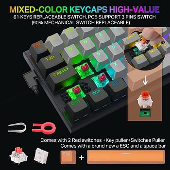 60% RGB Mechanical Keyboard E-YOOSO Gaming Keyboard with Red Switches and RGB Backlit Small Compact Keyboard Portable 60 Percent Gaming Keyboard Grey Black