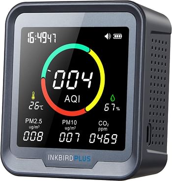 INKBIRDPLUS 6-in-1 Indoor Air Quality Monitor, Detects CO2, PM2.5, PM10, AQI, Temperature and Humidity with Alarm, for Rooms, Cellars, Grow Tents, Offices, etc. (PTH-9A)