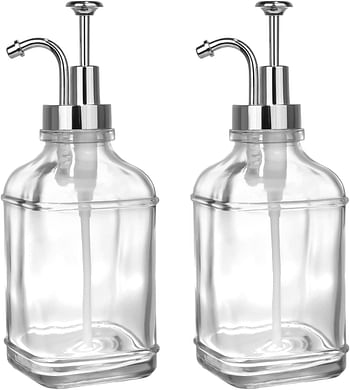 CHBKT 2 Pack Thick Clear Glass Jar Soap Dispenser with Silver Pump, Coffee Syrup Dispenser for Coffee Bar, Coffee Bar Accessories, Antique Design Glass Syrup Bottle Pump,17oz 500 ml, Set of 2