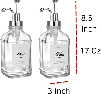 CHBKT 2 Pack Thick Clear Glass Jar Soap Dispenser with Silver Pump, Coffee Syrup Dispenser for Coffee Bar, Coffee Bar Accessories, Antique Design Glass Syrup Bottle Pump,17oz 500 ml, Set of 2