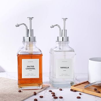 CHBKT 2 Pack Thick Clear Glass Jar Soap Dispenser with Silver Pump, Coffee Syrup Dispenser for Coffee Bar, Coffee Bar Accessories, Antique Design Glass Syrup Bottle Pump,17oz 500 ml, Set of 2