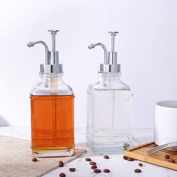 CHBKT 2 Pack Thick Clear Glass Jar Soap Dispenser with Silver Pump, Coffee Syrup Dispenser for Coffee Bar, Coffee Bar Accessories, Antique Design Glass Syrup Bottle Pump,17oz 500 ml, Set of 2