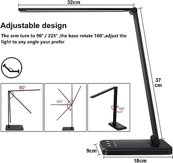 AMINAC Multifunctional LED Desk Lamp with Wireless Charger,USB Charging Port,5 Lighting Modes,5 Brightness Levels,Sensitive Control,30/60 min Auto Timer,Eye-Caring Office Lamp with USB Cable - Black