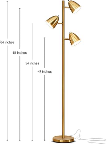 LED Reading and Floor Lamp for Living Rooms & Bedrooms - Classy, Mid Century Modern Adjustable 3 Light Tree - Standing Tall Pole Lamp with 3 LED Bulbs (Brass)