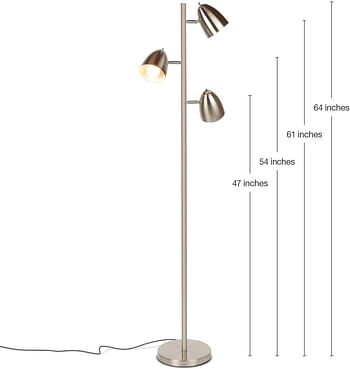 LED Reading and Floor Lamp for Living Rooms & Bedrooms - Classy, Mid Century Modern Adjustable 3 Light Tree - Standing Tall Pole Lamp with 3 LED Bulbs (Brass)