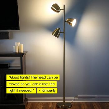 LED Reading and Floor Lamp for Living Rooms & Bedrooms - Classy, Mid Century Modern Adjustable 3 Light Tree - Standing Tall Pole Lamp with 3 LED Bulbs (Brass)