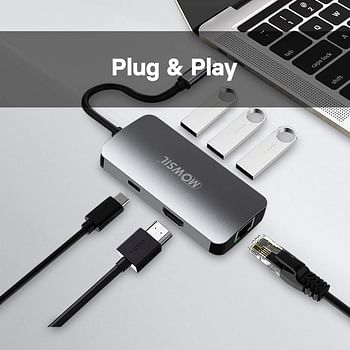 Mowsil USB C Hub 6-in-1 Type C to HDMI, RJ45 GIGA, PD(TYPE-C), 3XUSB 3.0. Compatible for MacBook Pro/Air XPS and More USB C Devices