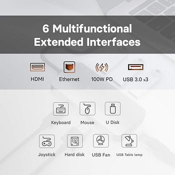 Mowsil USB C Hub 6-in-1 Type C to HDMI, RJ45 GIGA, PD(TYPE-C), 3XUSB 3.0. Compatible for MacBook Pro/Air XPS and More USB C Devices