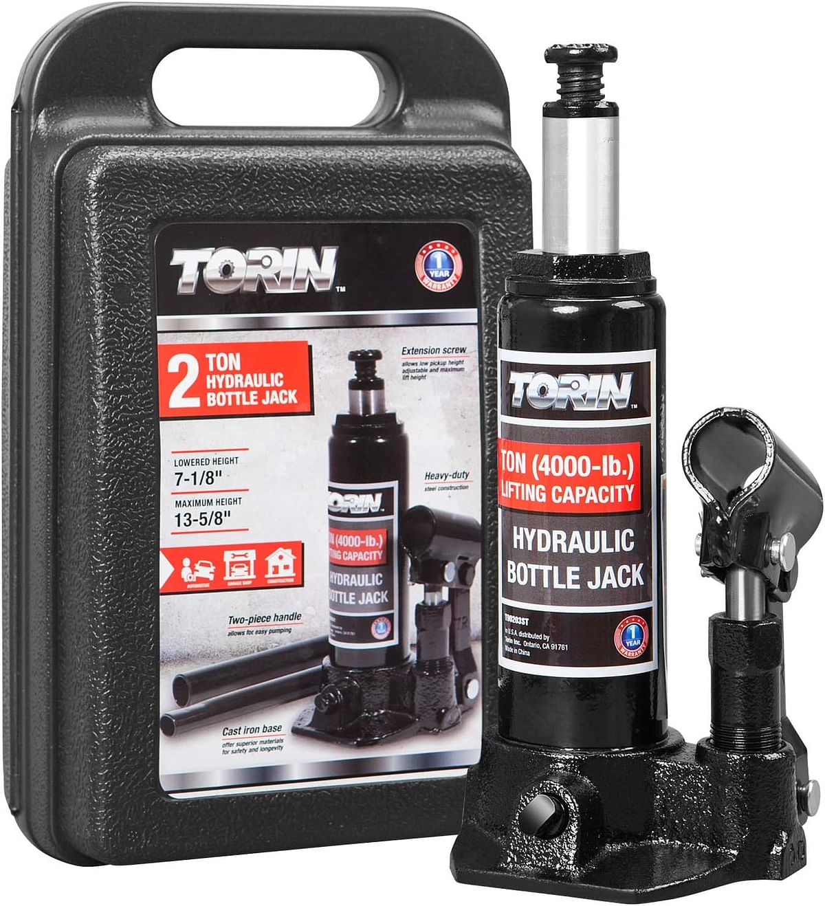 Torin Welded Hydraulic Car Bottle Jack for Auto Repair and House Lift, 2 Ton, with Case