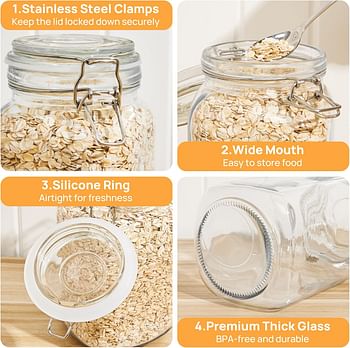 CHEFSTORY 50oz Airtight Glass Jars with Lids, 3 PCS Food Storage Canister for Kitchen & Pantry Organization and Storage, Square Mason Jar Containers for Storing Sugar, Flour, Cereal,Coffee,Cookies