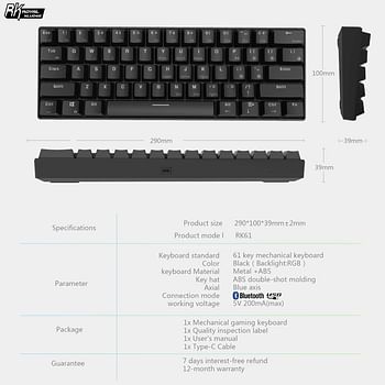 RK Royal Kludge RK61 RGB Mechanical Keyboard Tri-Mode Brown Switch - Black