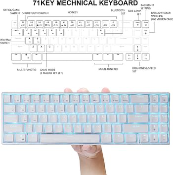 RK ROYAL KLUDGE Rk71 Mechanical Keyboard 70% Compact Bluetooth 71 Keys,Tenkeyless USb Wired/Wireless Portable Gaming/Office With Stand-Alone Arrow Keys For Windows Macos (Blue Switch-White)