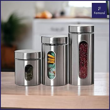 Femora Clear Glass Steel Window Jars for Kitchen Storage Food Spices Canister Set - 700 ML - Set of 4