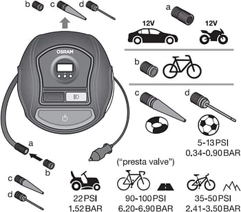 OSRAM TYREinflate 450, digital tire inflator, Auto-stop, Memory, LED light, Backlit Display, portable air compressor cars, small vans, Max 100 PSI /5.5 BAR, air pump inflates tires in 2.5 min