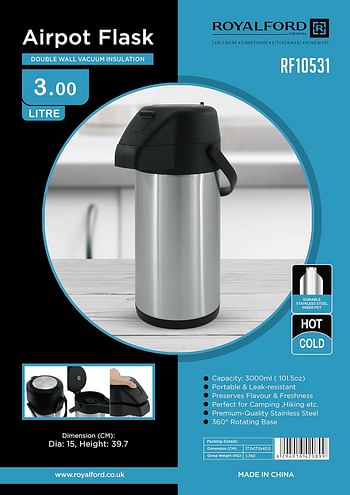 RoyalFord Airpot Flask, Double Wall Vacuum Insulation, 3000Ml, Rf10531 Durable Stainless Steel Inner Pot Portable & Leak Resistant Perfect For Camping, Hiking Etc, MULTICOLOR