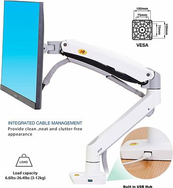 NB North Bayou Monitor Desk Mount Full Motion Swivel Monitor Arm with Gas Spring for 22"-35" Monitors from 6.6 to 19.8lbs White Monitor Stand（White）