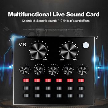 Decdeal V8 Multifunctional Live Sound Card Intelligent Volume Adjustable Audio Mixer Sound Card for Computer PC Live Sound with Microphone