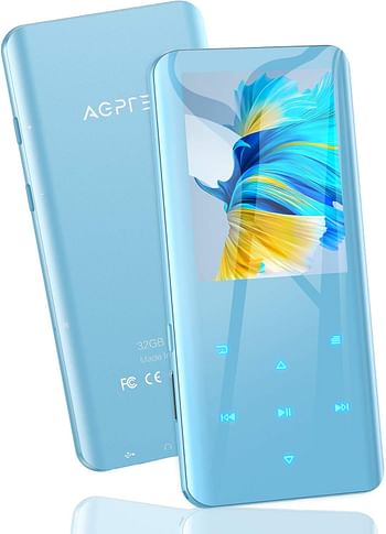 AGPTEK 32GB MP3 Player with Bluetooth 5.0, AGPTEK A19X 2.4" Curved Screen Portable Music Player with Speaker Lossless Sound with FM Radio, Voice Recorder, Supports up to 128GB, Blue