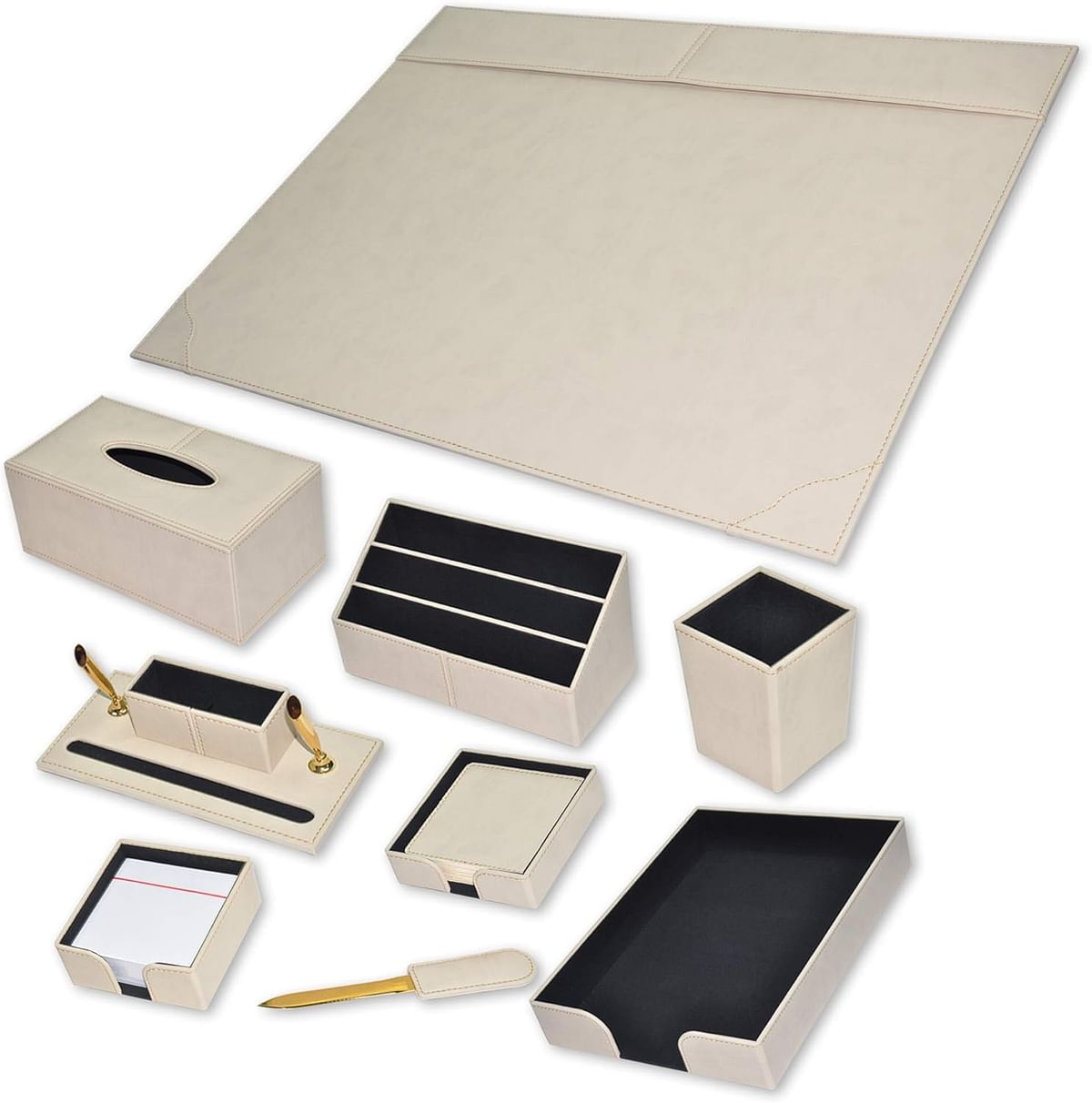 FIS® Executive Desk Set, Italian PU Materials, Set of 9 Pieces, Cream Color, Pack in Gift Box-FSDS172CR