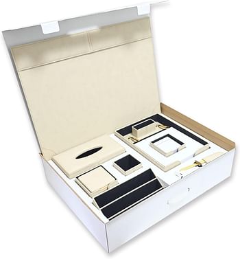 FIS® Executive Desk Set, Italian PU Materials, Set of 9 Pieces, Cream Color, Pack in Gift Box-FSDS172CR