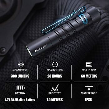 OLIGHT I5T EOS 300 Lumens Slim EDC Flashlight Dual-Output for Camping and Hiking, Tail Switch Flashlight with Beam Distance 196ft, Powered by Single AA Battery, Black