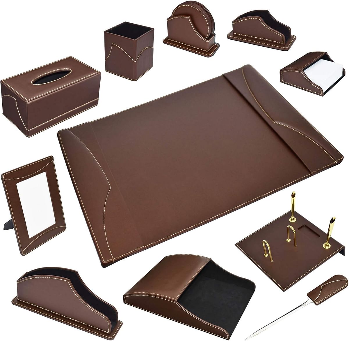 FIS® Executive Desk Set, Italian PU Materials, Set of 11 Pieces, Dark Brown Color, Pack in Gift Box-FSDS183DBR