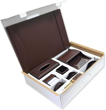 FIS® Executive Desk Set, Italian PU Materials, Set of 11 Pieces, Dark Brown Color, Pack in Gift Box-FSDS183DBR