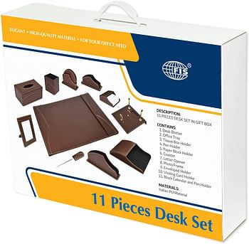 FIS® Executive Desk Set, Italian PU Materials, Set of 11 Pieces, Dark Brown Color, Pack in Gift Box-FSDS183DBR