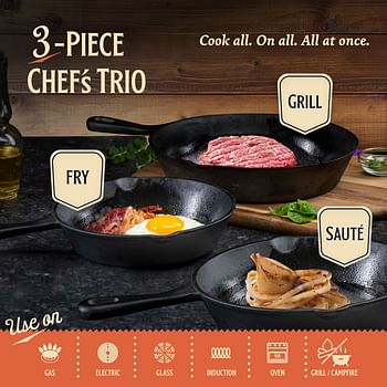 Legend Cast Iron Skillet Set of 3 6", 8" & 10" Cast Iron Frying Pan Set For Cooking Baking & Broiling On Induction Electric Gas & In Oven Lightly Pre-Seasoned Cookware Gets Better with Each Use