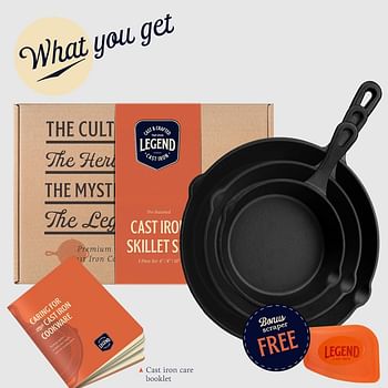 Legend Cast Iron Skillet Set of 3 6", 8" & 10" Cast Iron Frying Pan Set For Cooking Baking & Broiling On Induction Electric Gas & In Oven Lightly Pre-Seasoned Cookware Gets Better with Each Use