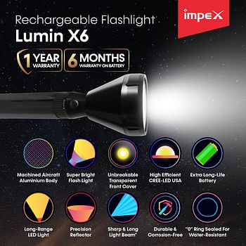 Impex Lumin-X6 3W CREE LED Rechargeable LED Handheld Flashlight with 2700 Meter Range - Black