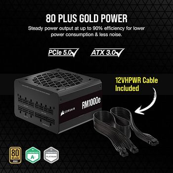 Corsair RM1000e (2023) Fully Modular Low-Noise ATX Power Supply - ATX 3.0 & PCIe 5.0 Compliant - 105°C-Rated Capacitors - 80 PLUS Gold Efficiency - Modern Standby Support - Black