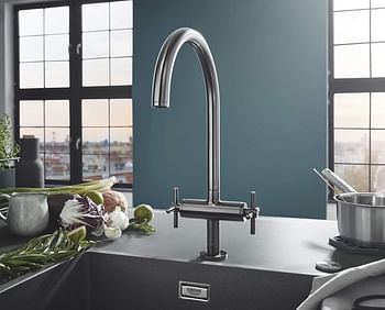 GROHE Atrio Two handle sink mixer 1/2" | C-Spout | Selectable Swivel Area : 0° / 150° / 360° | Easy to Install | Chrome | 30362000