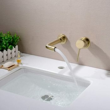 TRUSTMI Brass Basin Mixer Tap Wall-Mounted Concealed Bathroom Sink Faucet, Brushed Gold