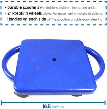 hand2mind Blue Indoor Scooter Board with Safety Handles for Kids Ages 6-12, Plastic Floor Scooter Board with Rollers, Physical Education for Home, Homeschool Supplies (Pack of 1)