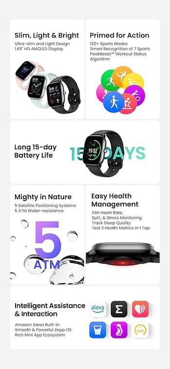 Amazfit GTS 4 Mini Smart Watch Ultra Slim 1.65 inch AMOLED Display 24H Health Management GPS 5 ATM Water Proof 15 Days Battery Life Black, GTS4-MINI-BLACK,