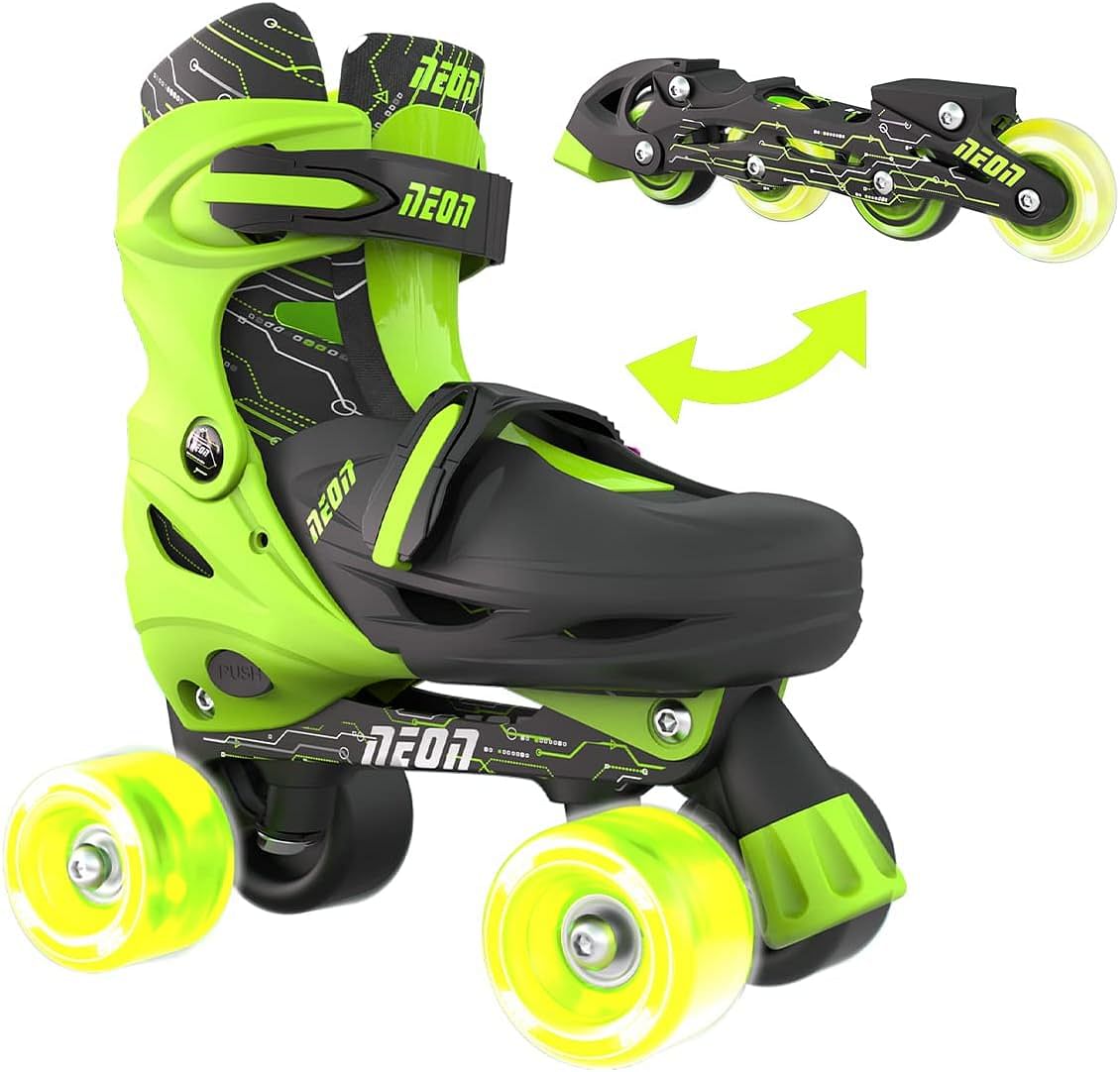 Yvolution Quad and Inline Skates Neon Combo 2-in-1 Skates for Kids with LED Wheels | Adjustable Sizing