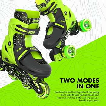 Yvolution Quad and Inline Skates Neon Combo 2-in-1 Skates for Kids with LED Wheels | Adjustable Sizing