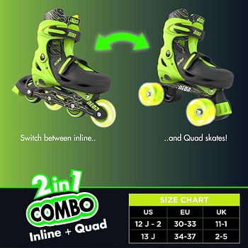 Yvolution Quad and Inline Skates Neon Combo 2-in-1 Skates for Kids with LED Wheels | Adjustable Sizing