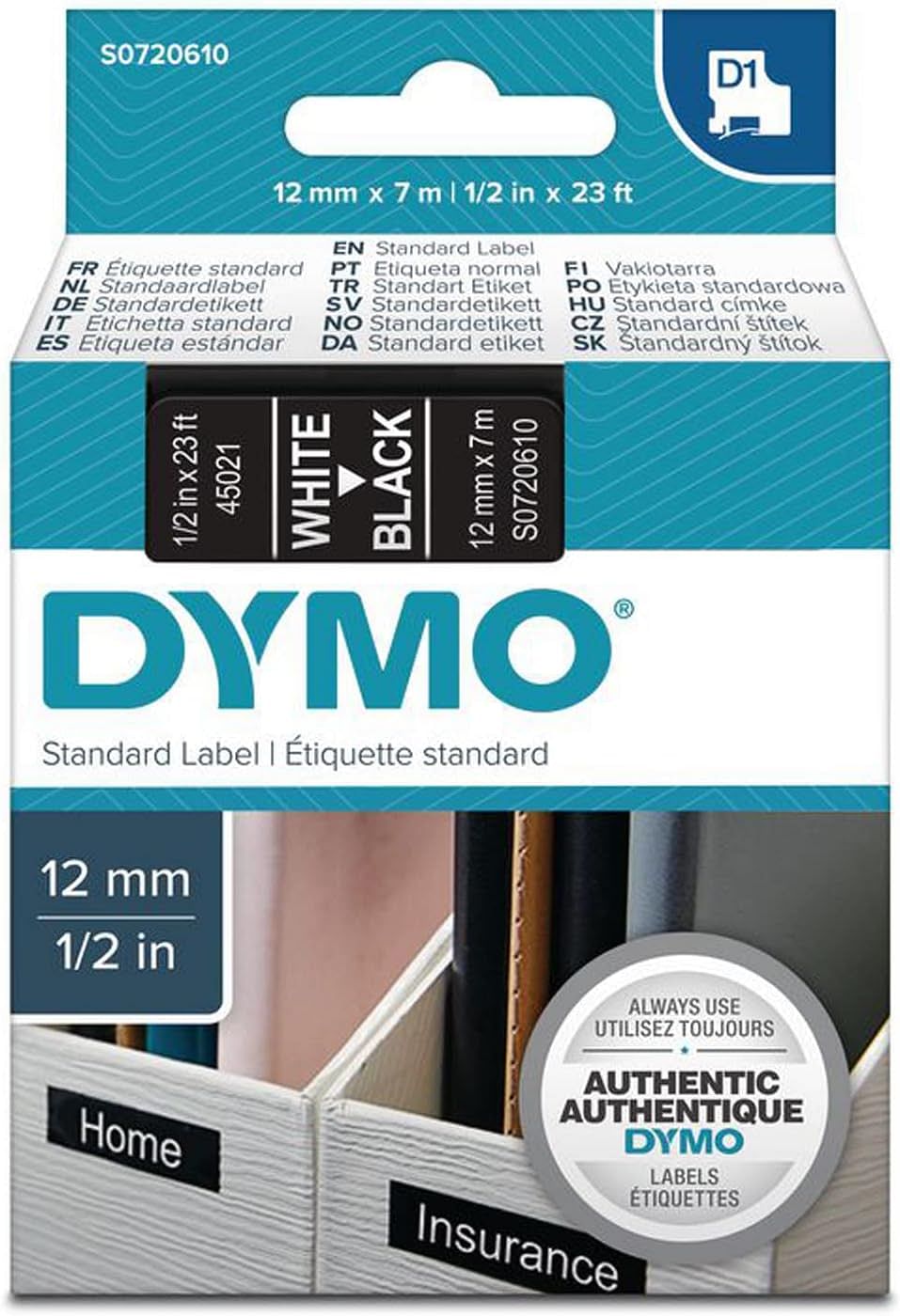 Dymo Laminated Tape for D1 45021 LabelManager™ White 12 mm Black (Pack of 5)