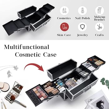 Hododou Makeup Train Case Cosmetic Box with 6 Tray Large Capacity Makeup Storage Organizer for Nail Tech Makeup Artist Black