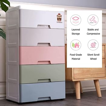 Ylamena Plastic Storage Drawers 5 Layers Organizer Cabinet 45CM Wide Containers with Wheels Kitchen & Storage Bathroom Multi color