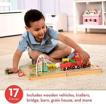 Melissa & Doug 17-Piece Wooden Tabletop Farm Playset With 4 Vehicles, Grain House & Play Pieces - Pretend Barnyard Toy For Toddlers Ages 1+