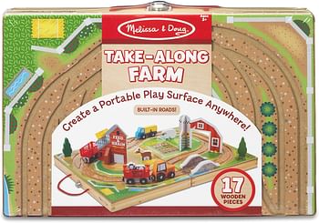 Melissa & Doug 17-Piece Wooden Tabletop Farm Playset With 4 Vehicles, Grain House & Play Pieces - Pretend Barnyard Toy For Toddlers Ages 1+