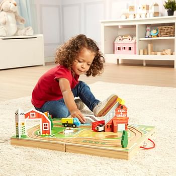 Melissa & Doug 17-Piece Wooden Tabletop Farm Playset With 4 Vehicles, Grain House & Play Pieces - Pretend Barnyard Toy For Toddlers Ages 1+