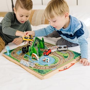 Melissa & Doug 17-Piece Wooden Tabletop Farm Playset With 4 Vehicles, Grain House & Play Pieces - Pretend Barnyard Toy For Toddlers Ages 1+