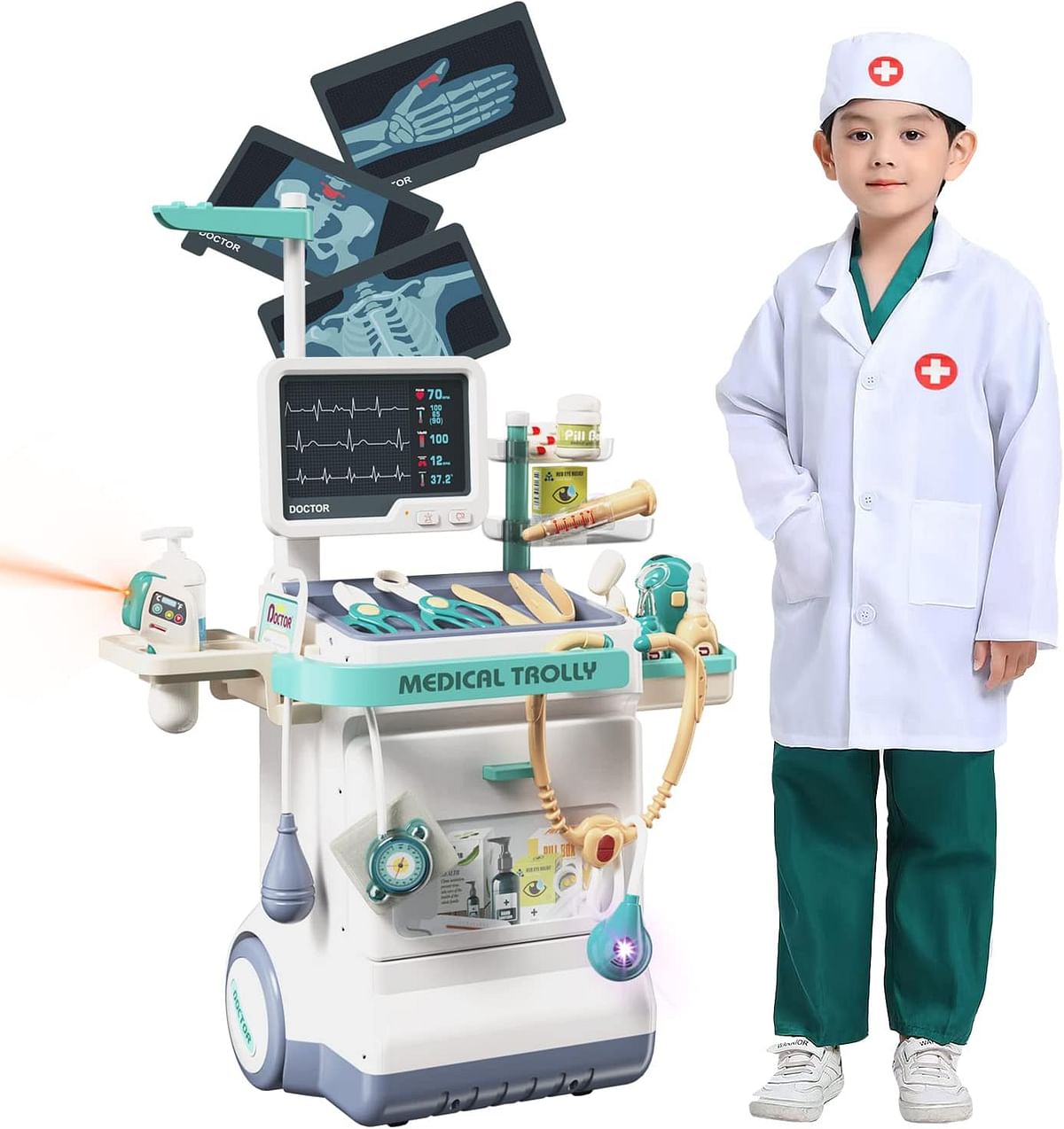 Pretend Play Doctor Toy Set for Kids 28 Pieces Pretend Medical Kit with Rolling Cart Doctor's Coat Kids Doctor Kit for for Boys and Girls Age 3 4 5