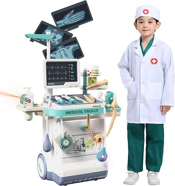 Pretend Play Doctor Toy Set for Kids 28 Pieces Pretend Medical Kit with Rolling Cart Doctor's Coat Kids Doctor Kit for for Boys and Girls Age 3 4 5