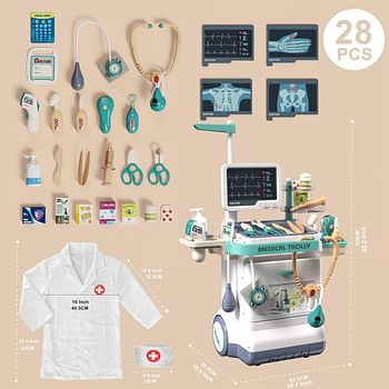 Pretend Play Doctor Toy Set for Kids 28 Pieces Pretend Medical Kit with Rolling Cart Doctor's Coat Kids Doctor Kit for for Boys and Girls Age 3 4 5