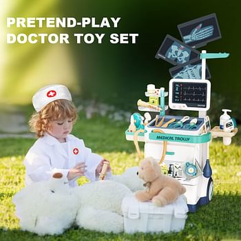 Pretend Play Doctor Toy Set for Kids 28 Pieces Pretend Medical Kit with Rolling Cart Doctor's Coat Kids Doctor Kit for for Boys and Girls Age 3 4 5